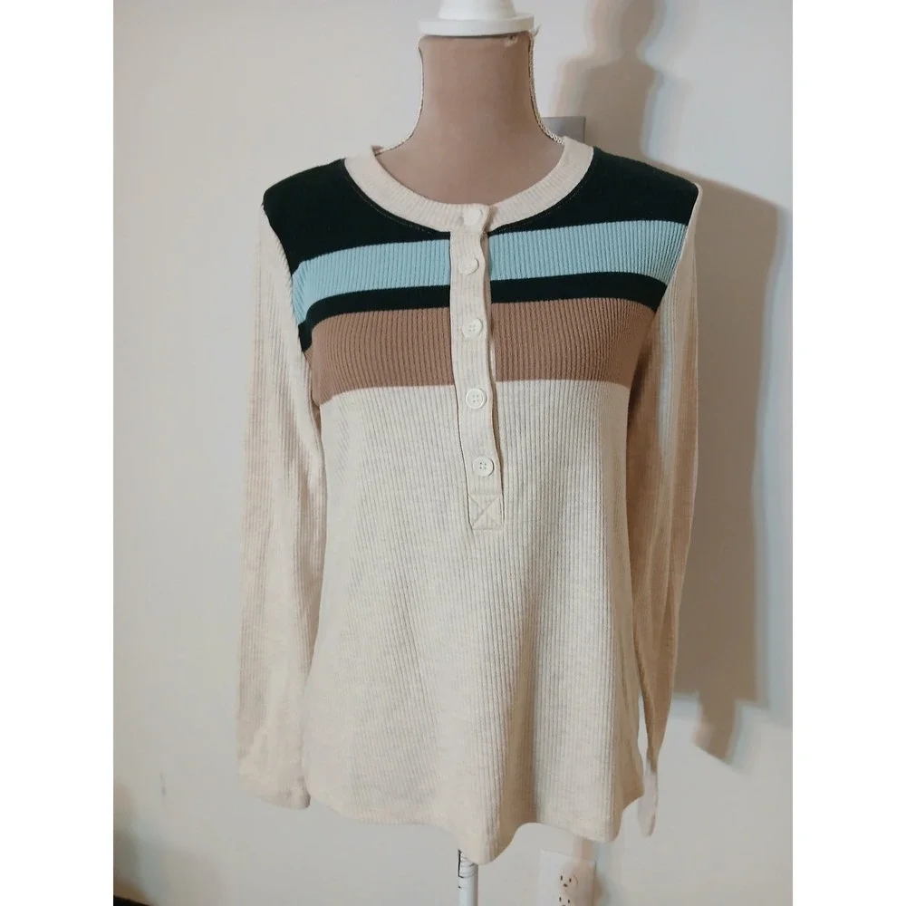 Lands End Womens M 10-12 Ribbed Henley Long Sleeve Striped Top Cream Blue Tan - Picture 1 of 11